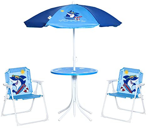 Outsunny Tavolo e Sedie per Bambini da Giardino con Ombrellone Regolabile, Set 4 Pezzi Tavolino con Sedie da Esterno con Disegno a Squalo, Età 3-6 Anni, Blu