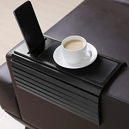 GDWD Sofatablett rutschfest - Armlehne | Couch Tablett flexibel als Sofa Butler | Sofa Tablett Armlehne als Sofa Ablage | Armlehnentablett (Black + Mobile Phone Slot)