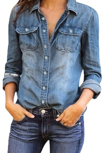 Femme Shirts Chemise Boutonnée en Denim Veste Mince Décontractée à Manches Longues Et Col en V avec Poche Et Coupe Ajustée