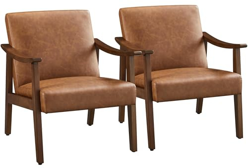 Yaheetech PU Leather Accent Chair, Mid-Century Modern Armchair with Solid Wood Legs, Reading Leisure Chair with High Back for Living Room Bedroom Waiting Room, Set of 2, Brown