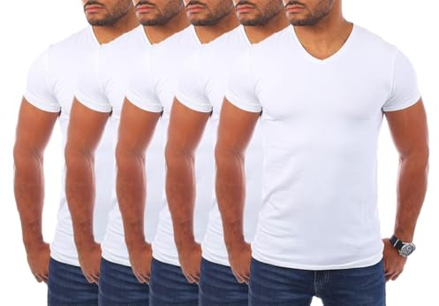 Young & Rich Herren Uni T-Shirt mit V-Ausschnitt Basic V-Neck Tee mit Stretchanteilen einfarbig Slim fit 1700
