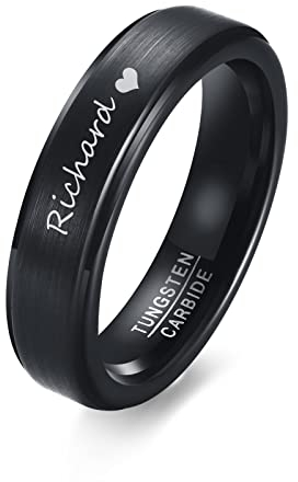 Personalisierte Wolfram Ring Damen Herren: Individuell 5mm Breite Schwarz gebürstet Finish Wolframkarbid Ringe Ehering Versprechen Ring Verlobungsring für Ihn Ehemann Freund, Gravur Namen Ring