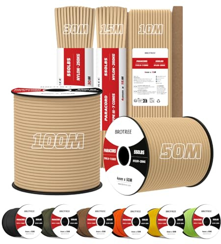 Brotree 4mm Paracorde 550 7 Brins Corde en Nylon 15M Type III Corde Parachute pour Survie, Extérieur, Bricolage - 250kg Charge de Rupture (Kaki)