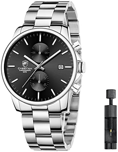 Affute Montre à Quartz pour Homme avec chronographe étanche en Acier Inoxydable et métal, Aiguilles colorées, Noir/argenté