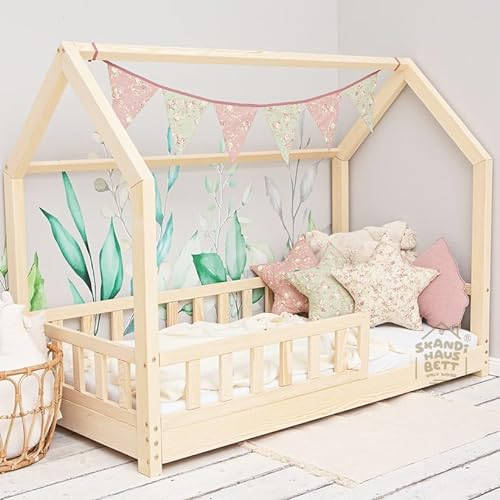 Hausbett 160x200 Mit Rausfallschutz Naturholz - Bell Nuo - Kinderbett mit Lattenrost - Stabiles Rausfallschutz Bett für Kinderzimmer - Gemütlich Kinderbett Mädchen