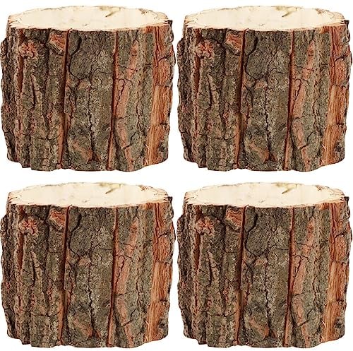 Holz Rustikaler Blumentopf Baumstamm Gartentopf: 4Stücke Holzoptik Kleiner Übertopf Holzstamm Kerzenhalter Mini Pflanztopf Kaktus Sukkulenten Topf Schale Pflanzgefäß Garten Deko