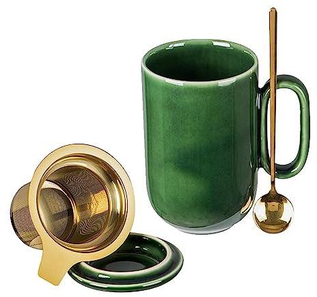 vicrays Ceramic Tea Cup Mug Infuser Large 16 oz Hot Loose Steeping Handle Teacup with Leaf Infuser Spoon Lid - Blue Tall Glazed Strainer Coffee Mug Microwave Safe - Green