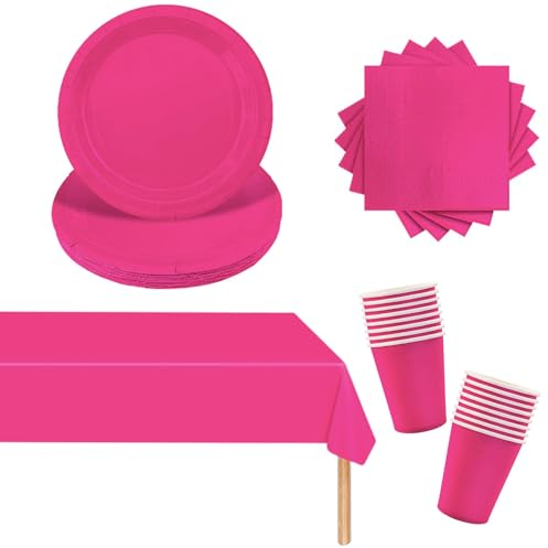 POPOYU 53 Pezzi Stoviglie per Feste di Compleanno Rosa Rossa, Stoviglie Carta Set, Piatti di Carta Tovaglioli Bicchiere di Carta Stoviglie Tovaglia per Compleanni, Matrimoni, Decorazioni Natalizie