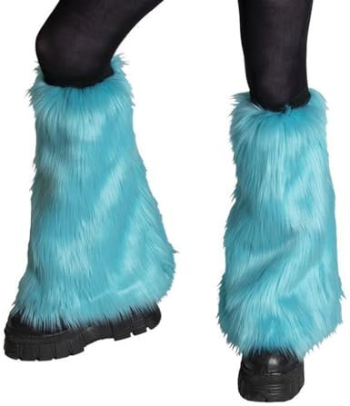 Women Fur Leg Warmers Furry Fuzzy Winter Long Boot Cuffs Solid Colour Boot Toppers Covers Party Accessory Set(A Blue Green,One Size)