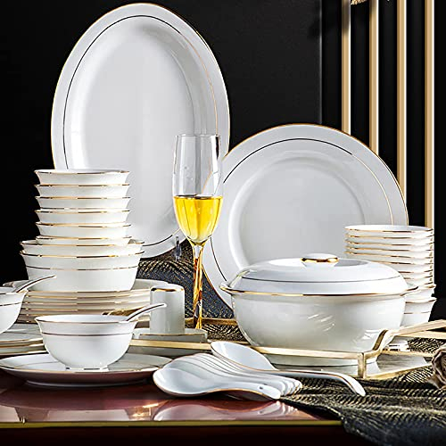 56 Pieces Dinner Set, White Porcelain Bone China Combi-Set Tableware Set with Cereal Bowl Bowls Dessert Plates Soup Plates Dinner Plates with Gold Rim Service for 10 People