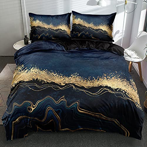 Luofanfei Housse de Couette 220x240 Marbre Motif Bleu Noire Doré Adulte 2 Personnes Parure de lit Microfibre Ensemble Literie 220 240 Linge de Lit avec Fermeture éclair et 2X 65x65cm Taies d'oreiller