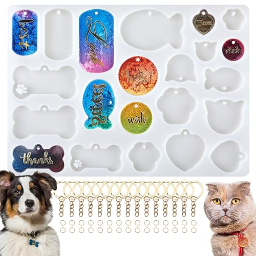 Bonito molde de resina para mascotas, molde de resina de silicona para perro o gato, moldes de resina para fundición epoxi, moldes de llavero de polímero para resina con 15 llaveros y 30 anillos de