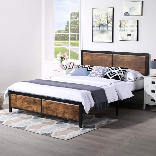 VECELO Double Platform Bed Frame with Rustic Vintage Wood Headboard, Mattress Foundation, Strong Metal Slats Support, No Box Spring Needed