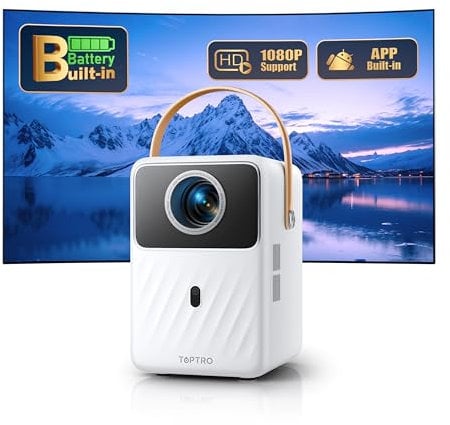 Mini Beamer【Eingebauter Akku & Andriod TV】 Toptro 1080P Full HD Beamer Heimkino mit Elektrischer Fokus, 300 ANSI WiFi Bluetooth Beamer Outdoor, 50% Zoom Klein Projektor mit Netflix/Prime Video/Dis+