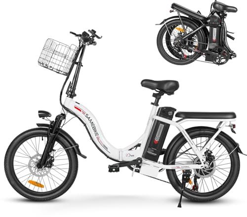 SAMEBIKE 20 Electric Bike for Adult, 13AH Removable Battery Folding Step Through City eBike 62Miles Range(PAS) &15MPH Top Speed, With Front Suspension, Phone Holder and Front Basket Electric Bicycle