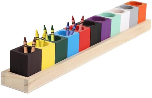 OMISTAR Colored Crayon Holder, Wooden Pencil Organizers for Little Ones, Marker Storage Containers, Desk Crayon Caddy, Stationary Art Supplies Storage for Classroom, 11 Cups on a Stand