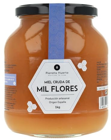 PLANETA HUERTO | Miel Cruda de Mil Flores 1 Kg 100% Natural y Artesanal Sin Filtrar ni Pasteurizar - Miel Cruda Origen España con Polinización Silvestre de Fabáceas, Zarzas, Crucíferas y Labiadas
