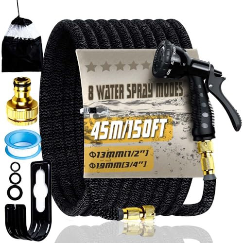150FT Expandable Garden Hose Pipe 45M with 8 Pattern Spray Nozzle Flexible Expanding Magic Hose with 3/4 1/2 Fittings for Outdoor,Garden,Home(Black