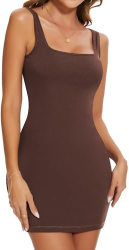 SHAPERIN Vestito Senza Maniche Donna Casuale Abito Aderente a Coste Collo Quadrato Sleeveless Mini Dress Marrone M