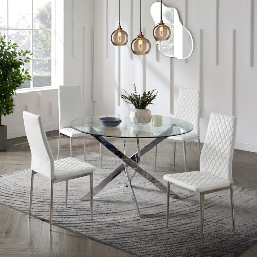 Round Glass Dining Table and Chairs with Chrome Legs, Glass Dining Table and 4 Chairs or Glass Dining Table and 6 Chairs, Set of 4 or Set of 6 Faux Leather Dining Chairs (White Faux Leather, 4 Seater)