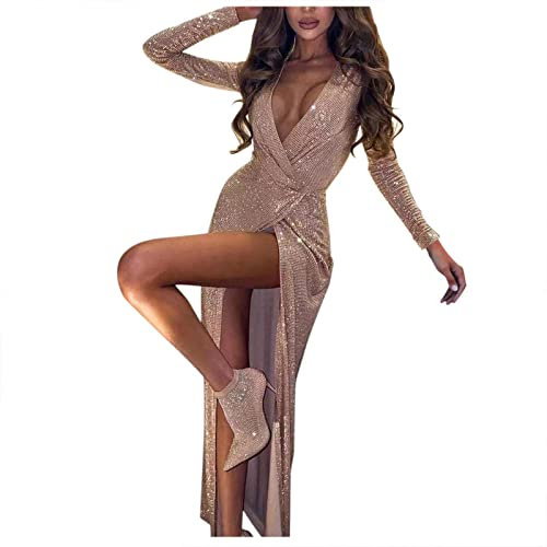 Robe à paillettes pour femme - Fente haute - Manches longues - Col en V - Robe sexy - Longueur genou, rose gold, XL