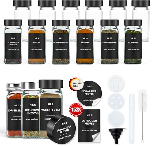 Gewürzgläser Eckig mit Etiketten Set 12er: Kleine Gewürzdosen Glas 120ml mit Streueinsatz Wasserfeste Labels - Aufbewahrung von Gewürzaufbewahrung für die Küche Schublade - Gewürzstreuer Schwarz
