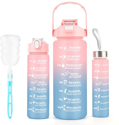 3 Pack Water Bottle , 2L/800ML/300ML Sport Water Bottles with Straw & Brush,Motivational Time Markings, BPA Free, Leak-Proof, Large Gym Drinks Bottle for Adults Women, Running,Cycling -Pink Blue