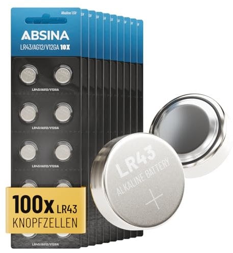 ABSINA 100 x AG12 LR43 button cell batteries, 1.5 V alkaline button cells, LR43, leak-proof and with long service life, LR 43/186, LR1142, L1142, V12GA, GPA76, RW84, LR43 button cell battery