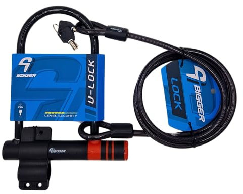 BIGGER - U Lock Candado 12 x 240 - Para bicicleta, patienete, e-bike. 2 llaves - Acero al carbono. Incluye soporte para bicicleta + Cable 10 x 1800 mm