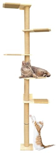 Dromzen Arbre à Chat Hauteur 205cm, Arbres à Chat du Sol au Plafond 5 Niveaux, Tour de Jeux pour Chats, Poteaux à Griffer, Griffoir Mural, pour Grimper, Gratter, Observer et Jouer
