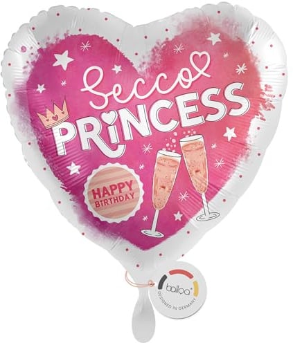 balloa Herzballon Secco Princess Happy Birthday, XXL Folienballon, 53 cm | Secco-Design mit Gläsern und Krone, Herzform, XXL, heliumgeeignet, ungefüllt, pinke Geburtstagsdeko für Frauen und Mädchen
