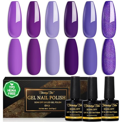 Shining She UV Nagellack Lila, 6 Farben HEMA-Free TPO-Free Gel Nagellack uv Violett Dunkelviolett Lavendellila Glitzer Lila Soak-Off UV Gel Nail Polish für Anfänger Maniküre Salon DIY zu Hause, 8ML