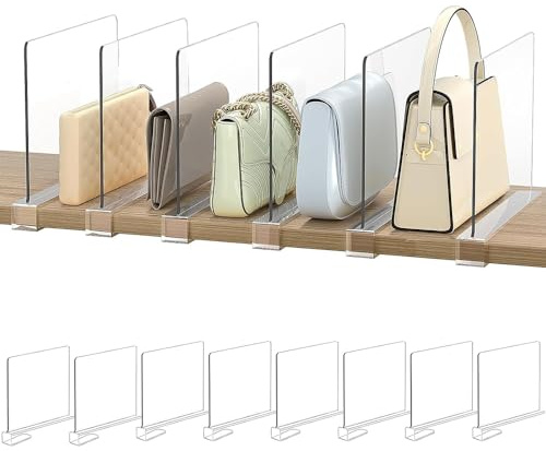 wdsilkbo 8 Pack Clear Acrylic Shelf Dividers for Closet Organization, Adjustable Closet Organizers for Bags, Clothes, Sweaters, Towels & Handbags Storage on Wood Shelves