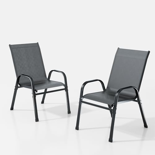 XIELOUS gartenstühle stapelbar 2er Set, balkonstühle gartenstuhl hochlehner, terrassenstühle mit Armlehnen und Metallgestell Wetterfest für Outdoor Garten Terrasse Balkon Restaurants (Grau)