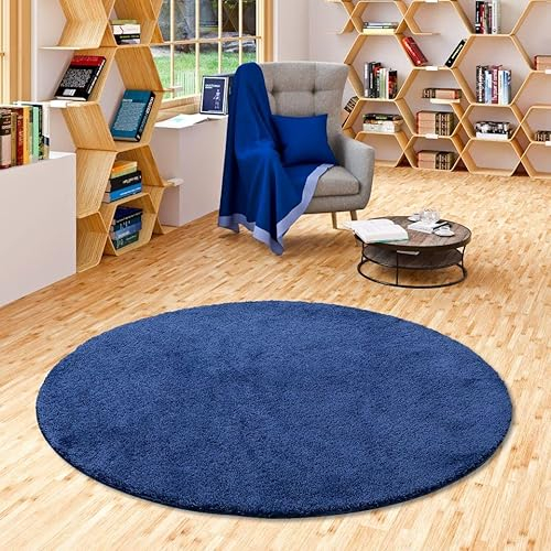 Palace Hochflor Shaggy Teppich Dunkelblau Rund in 7 Größen