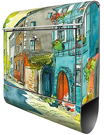 banjado® Design Briefkasten mit Historischer Stadtkern 38,5x46,5x13cm & 2 Schlüssel - Briefkasten Stahl Silber mit Zeitungsfach pulverbeschichtet - Postkasten A4 Einwurf inkl. Montagematerial