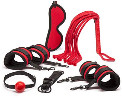 Lovehoney Bondage Boutique Red Hot Passion Bondage Kit for Couples, Black | Beginner Kit, Includes Cuffs, Blindfold, Ball Gag, Rope Flogger & Strap, 6 Piece, Beginner Set for Him & Her
