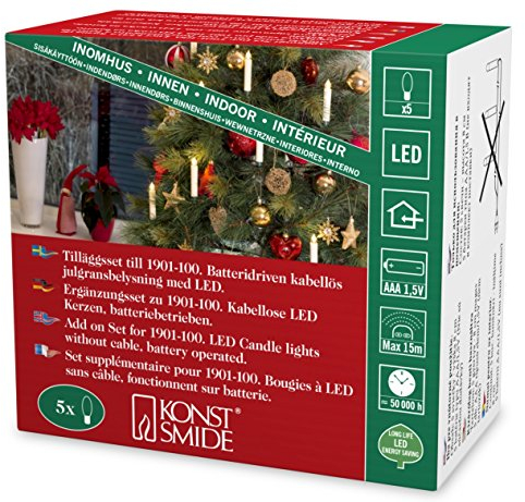 Konstsmide albero LED illuminazione, 5 piccole candele bianche, Set supplementare per 1901 – 100, 5 diodi a luce bianca calda, funzionamento a batteria, interno, 5 x AAA 1,5 V exklusiv 1906 – 100