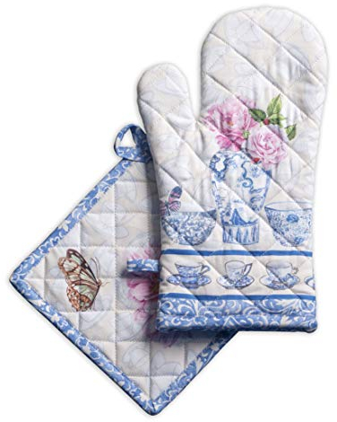 Maison d' Hermine Canton Ensemble de Gants de Four de (19cm x 33cm) et maniques de (20cm x 20cm), 100% Coton, pour Barbecue, Cuisson, Four, Micro-Ondes, grillades, Printemps/été, Pâques