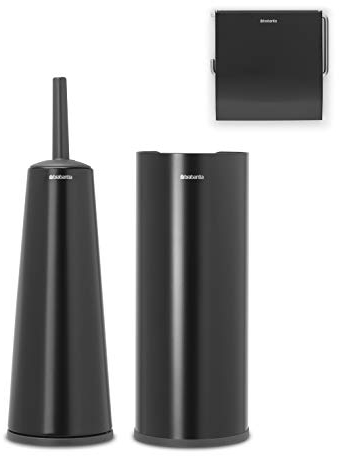 Brabantia 3 Piece Toilet Accessory Set Toilet Brush & Holder, Toilet Roll Holder & Toilet Roll Dispenser (Drill/No Drill Wall Mounting) Matt Black