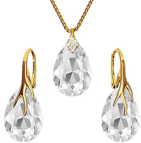Ohrringe Silber 925 Hängend - Kette Damen mit Anhänger - Vergoldet Schmuck Set für Sie - mit Kristallen - Ohrringe Hängend und Halskette Damen Silber 925 - Tropfen mit Krallen (Crystal)