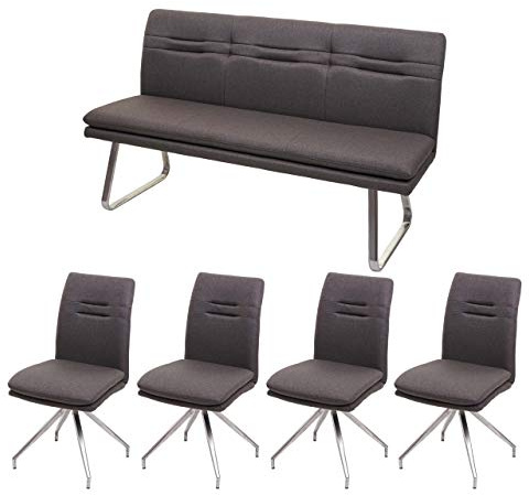 Mendler Esszimmer-Set HWC-H70 Stoff/Textil - grau-braun 160cm | Sitzgruppe, Esszimmergruppe, Esszimmergarnitur, Edelstahl, gebürstet