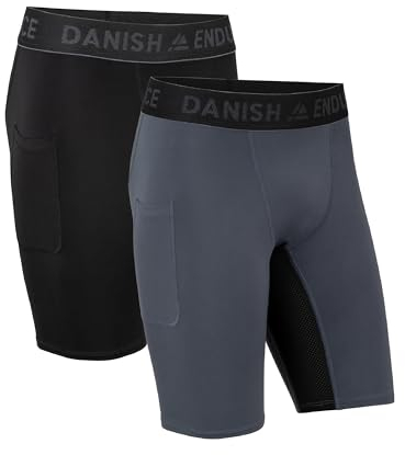 DANISH ENDURANCE Herren-Kompressionshose, Trainingshose, Tights mit Tasche, 2er Pack (Mehrfarbig (1x Schwarz, 1x Grau), M)