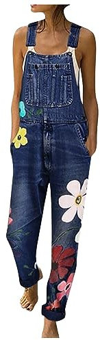 BaoDan Salopette Femme Jean Salopette Femme Travail Bouton Grande Taille Vintage Salopette Combinaison Denim Bleu Fleurie Combinaison Pantalon en Jean Bretelles Poche Imprimé Floral