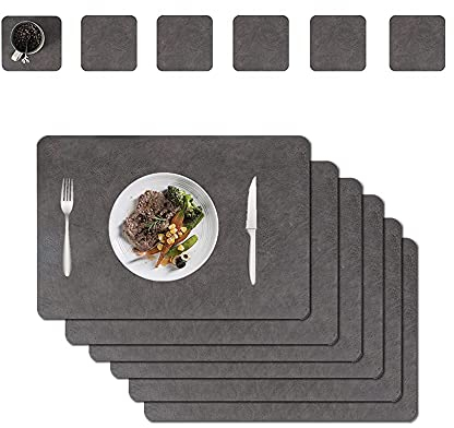 Abwischbar Leder Untersetzer und Platzset 6er Set abwaschbar doppelt verdickt 45 x 30 cm für Zuhause Küche, Restaurant und Hotel (Rindleder Muster + Dunkelbraun)