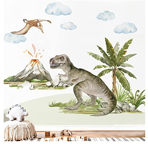 Grandora XXL Dinosaurier Wandsticker Dino T-Rex Vulkan Wandtattoo Kinderzimmer Wandaufkleber Tiere Babyzimmer selbstklebend Wanddeko DL845-4