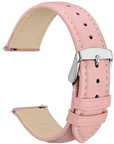 WOCCI 20mm Fleurs Bracelet de Montre pour Femme, Cuir Véritable, Bande à Dégagement Rapide, Boucle Argentée (Rose)