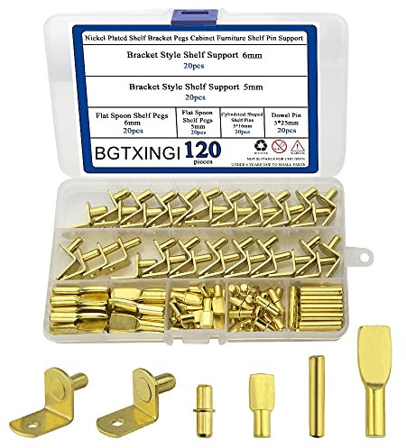 BGTXINGI 120-teiliges Regalheringe-Set, vernickelt, 4 Stile, Regalstützstifte, Regalhalterung, Stützheringe, flache Löffelheringe, zylindrische Stifte, Halterung, Dübelstifte für Küche, Schrank, Möbel
