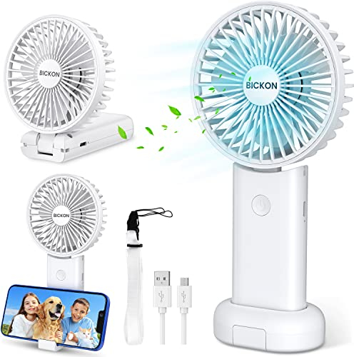BICKON Ventilateur Portable,Mini Ventilateur Silencieux,3 Vitesses,USB Rechargeable,Petit Ventilateur de Bureau,avec Cordon, Base,Lanière,Pliable&Portable pour Bureau Voyage Camping [Blanc]