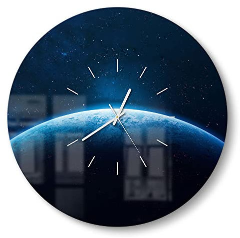 DEQORI Glasuhr | rund Ø 50 cm | Motiv Heller Schein auf Erdball | große XXL Design Uhr aus Glas | leise Wanduhr für Wohnzimmer & Küche | Moderne Hingucker Uhr für die Wand